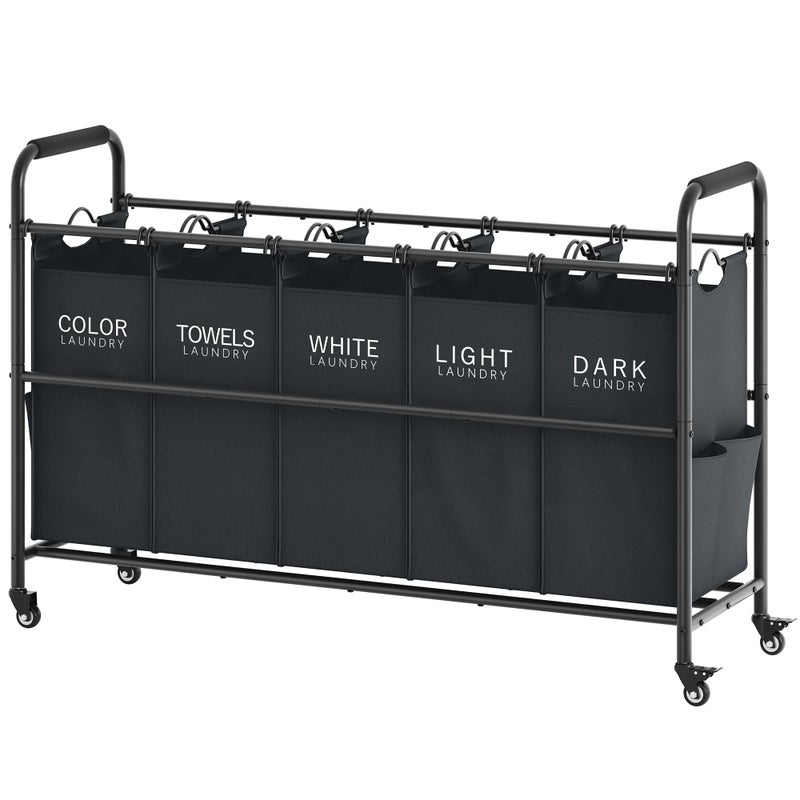 Tajsoon 5 Bag Laundry Sorter Cart 5 Section Laundry Hamper with Heavy Duty Rolling Lockable Wheels Laundry Basket Organizer with Removable Bags for Dirty Clothes Storage Black - Image 2