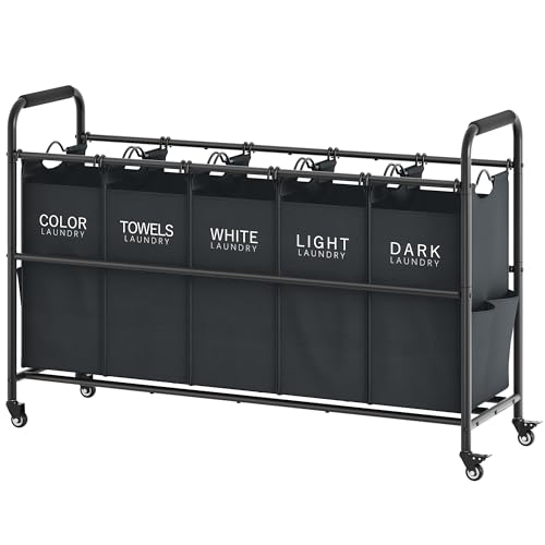 Tajsoon 5 Bag Laundry Sorter Cart 5 Section Laundry Hamper with Heavy Duty Rolling Lockable Wheels Laundry Basket Organizer with Removable Bags for Dirty Clothes Storage Black - Image 1