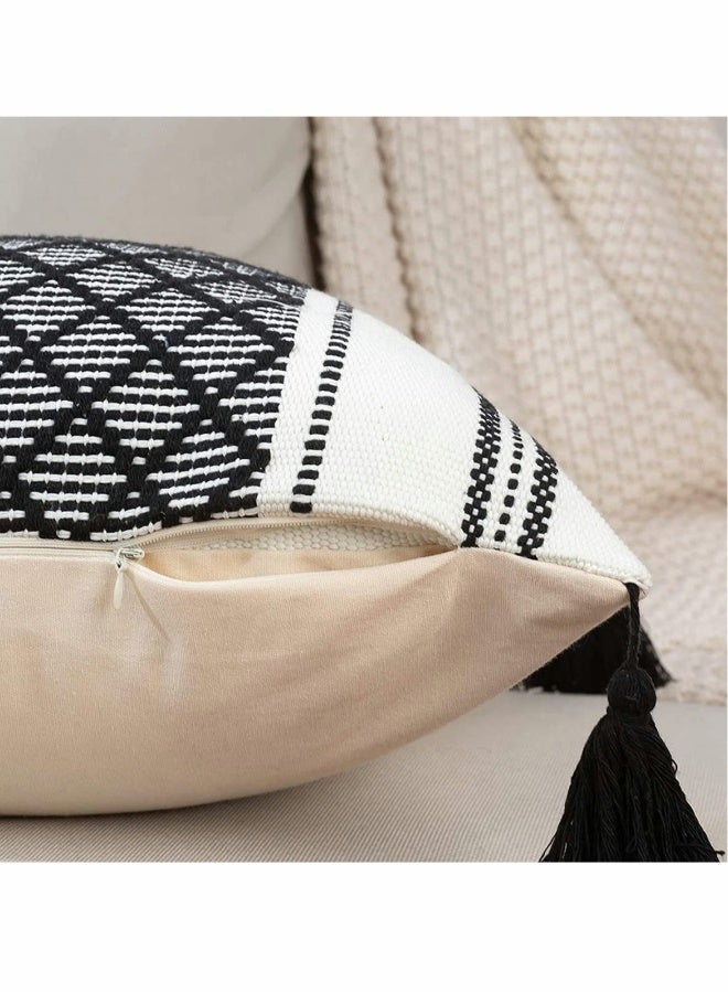 مجموعة من 2 غطاء وسادة مزخرف بتصميم بوهو محايد مقاس 18x18 بوصة من القطن بنمط الجاكار الماس لوسائد الأريكة وغرف النوم والسيارة - وسادة مربعة حديثة باللون الأسود. - Image 4