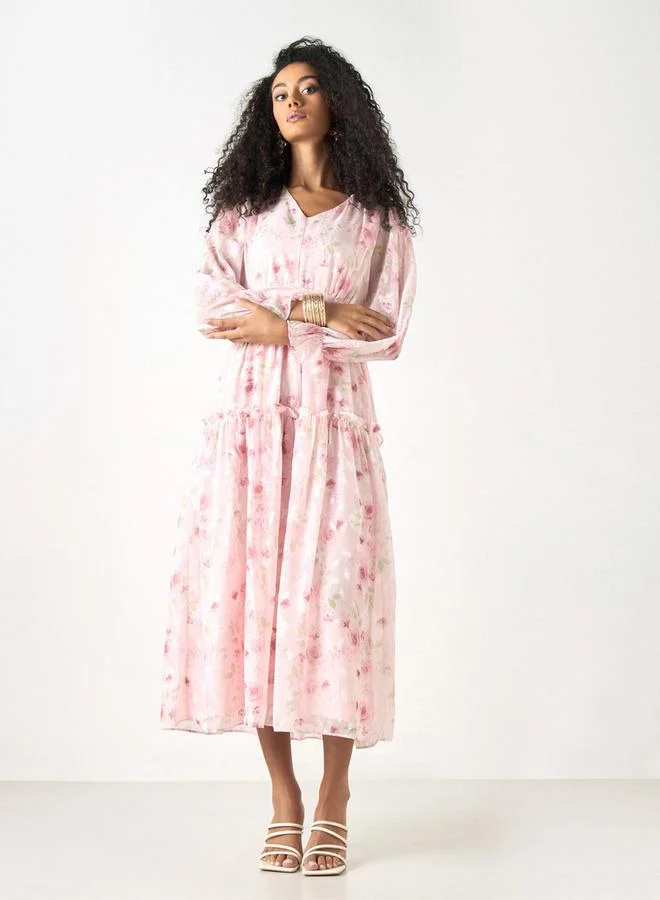 2Xtremz 2Xtremz Printed Ruffle Sleeves A-line Midi Dress