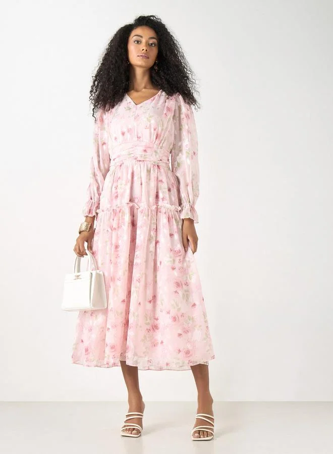 2Xtremz 2Xtremz Printed Ruffle Sleeves A-line Midi Dress