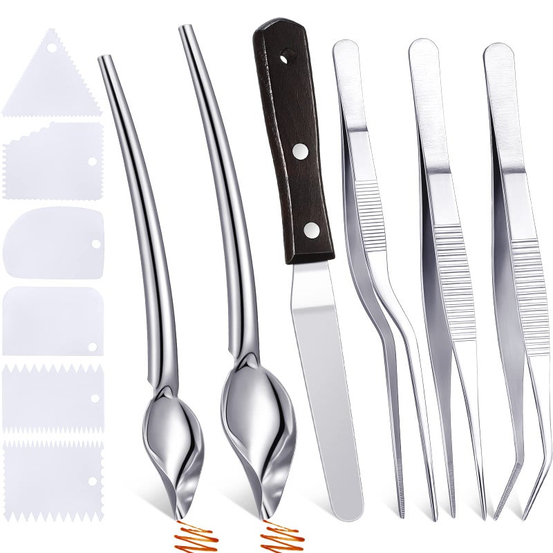 Patelai 12 Pieces Culinary Precision Drawing Spoons Drizzle Cooking Tweezers Stainless Steel Decorating Spoons Plastic Dough Scrapers Set Wood Icing Spatula for Food Culinary Plating Decorating
