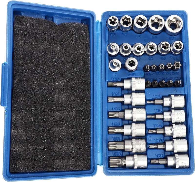 LABRIMP 34pcs Metal Star Socket and External E-socket Set Automotive Repair Hand Tool Kit with Star Bits for Professional Mechanics and DIY Maintenance - Image 1