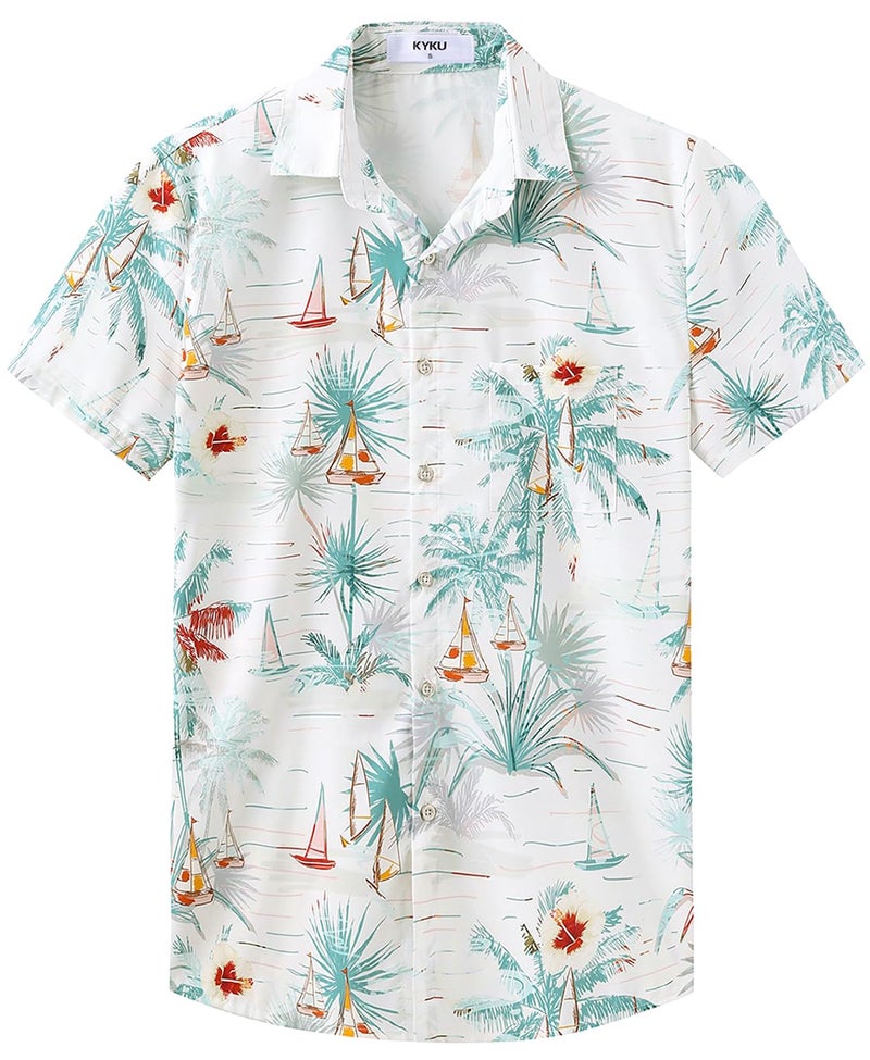 KYKU Men Button Hawaiian Shirt: Beach Summer Short Sleeve Clothes Boat White XL - Image 1