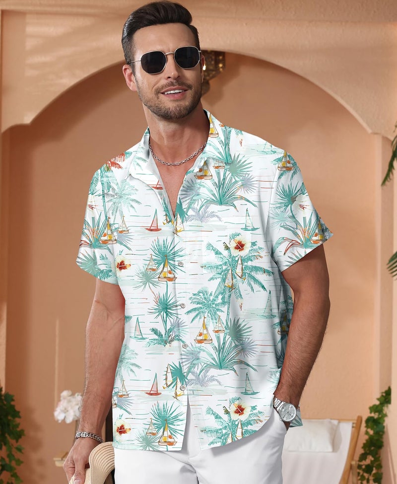 KYKU Men Button Hawaiian Shirt: Beach Summer Short Sleeve Clothes Boat White XL - Image 2