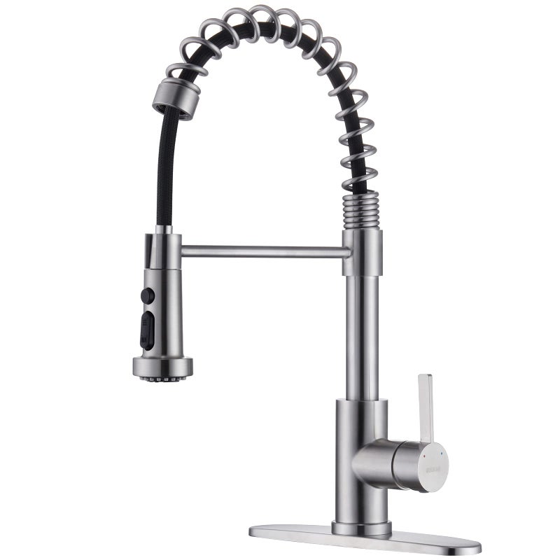 GUUKAR Kitchen Faucet with Pull Down Sprayer Commercial Kitchen Sink Faucet Single Handle Faucet for Kitchen Sink with Deck Plate Stainless Steel Brushed Nickel