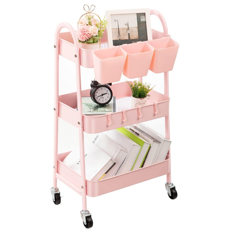 danpinera 3-Tier Rolling Cart, Utility Cart Mobile Metal Rolling Storage Cart with Lockable Wheels & Hanging Cups & Hooks for Kitchen, Bathroom, Office, Workshop, Pink - Image 1