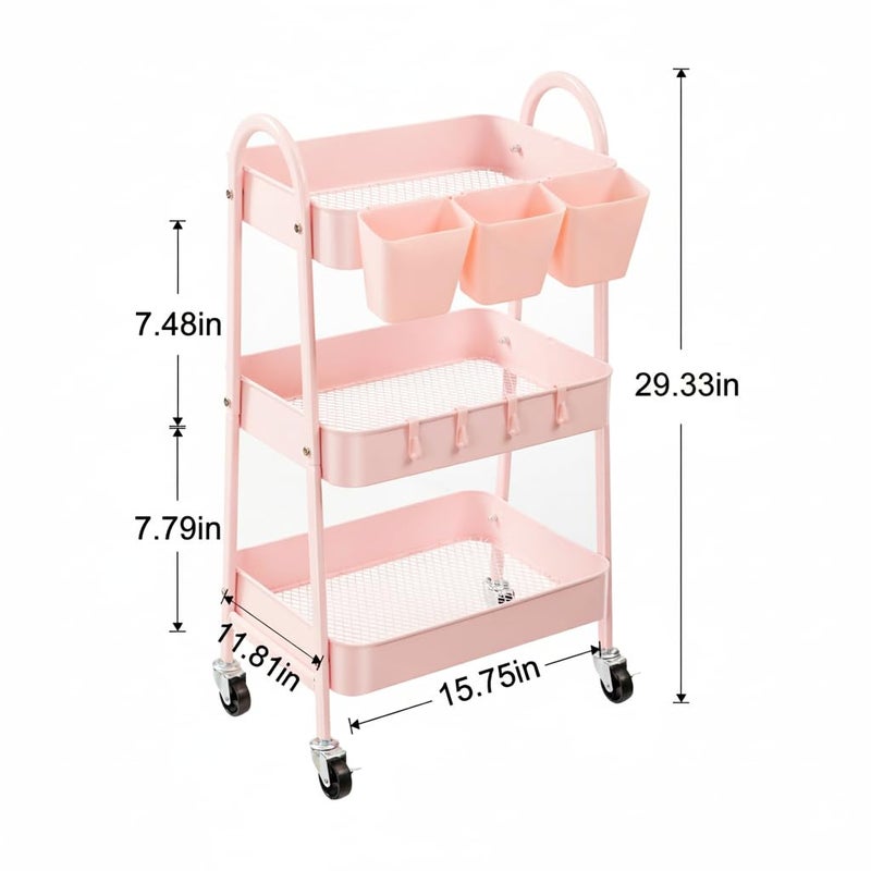 danpinera 3-Tier Rolling Cart, Utility Cart Mobile Metal Rolling Storage Cart with Lockable Wheels & Hanging Cups & Hooks for Kitchen, Bathroom, Office, Workshop, Pink - Image 2
