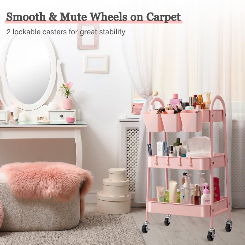 danpinera 3-Tier Rolling Cart, Utility Cart Mobile Metal Rolling Storage Cart with Lockable Wheels & Hanging Cups & Hooks for Kitchen, Bathroom, Office, Workshop, Pink - Image 4