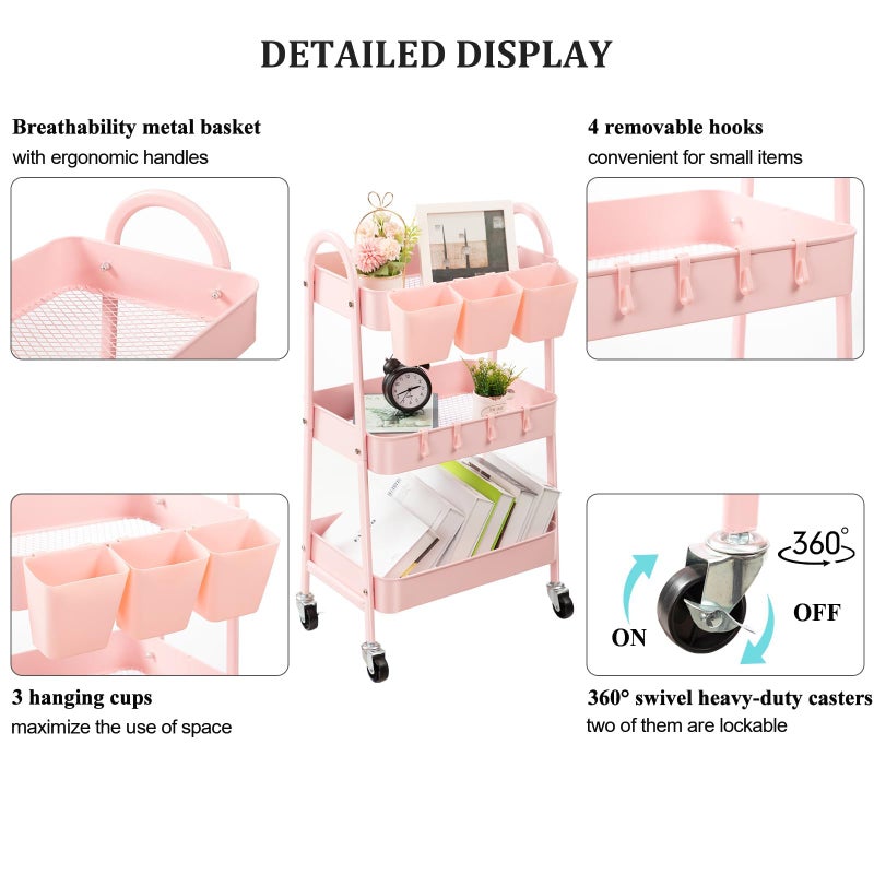 danpinera 3-Tier Rolling Cart, Utility Cart Mobile Metal Rolling Storage Cart with Lockable Wheels & Hanging Cups & Hooks for Kitchen, Bathroom, Office, Workshop, Pink - Image 3
