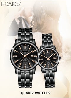 roaiss Stainless Steel Strap Quartz Couple Watch Set, Analog Display Round Dial, Waterproof Luminous Exquisite Wristwatch with Calendar, Suitable for Men Women  - Image 3