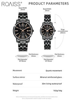 roaiss Stainless Steel Strap Quartz Couple Watch Set, Analog Display Round Dial, Waterproof Luminous Exquisite Wristwatch with Calendar, Suitable for Men Women  - Image 4