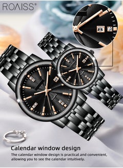 roaiss Stainless Steel Strap Quartz Couple Watch Set, Analog Display Round Dial, Waterproof Luminous Exquisite Wristwatch with Calendar, Suitable for Men Women  - Image 5