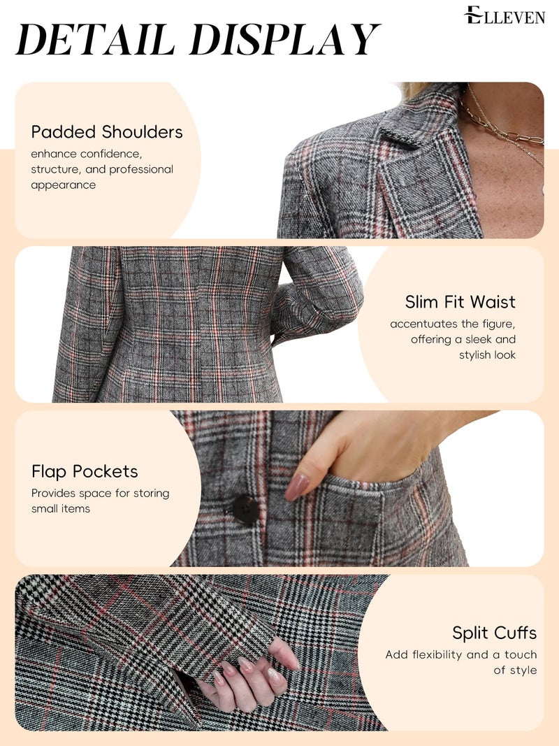 ELLEVEN Womens Casual Plaid Blazer Lapel Collar Double Button Long Sleeve Boyfriend Blazer Suit Houndstooth Plaid Blazer Jacket Business Work Office Blazer Suits Grey Red Plaid Large - Image 5