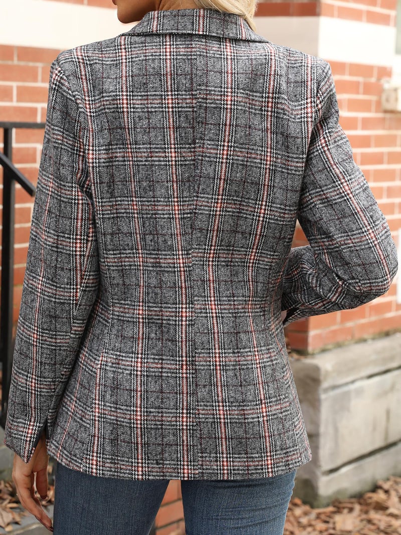 ELLEVEN Womens Casual Plaid Blazer Lapel Collar Double Button Long Sleeve Boyfriend Blazer Suit Houndstooth Plaid Blazer Jacket Business Work Office Blazer Suits Grey Red Plaid Large - Image 2