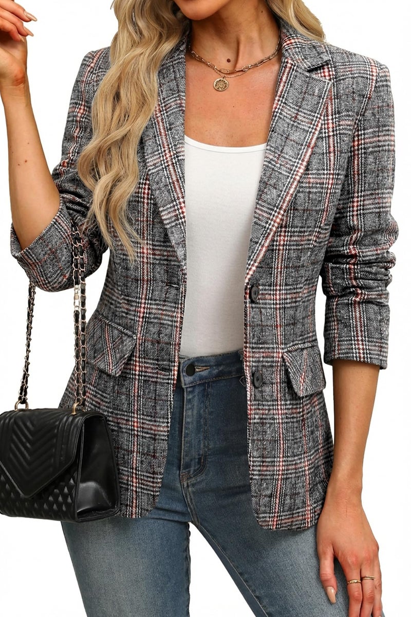 ELLEVEN Womens Casual Plaid Blazer Lapel Collar Double Button Long Sleeve Boyfriend Blazer Suit Houndstooth Plaid Blazer Jacket Business Work Office Blazer Suits Grey Red Plaid Large - Image 1