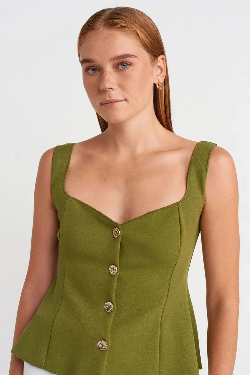 Dilvin Khaki Green DILVIN Fitted Sleeveless Peplum Blouse for Women | Best Price UAE