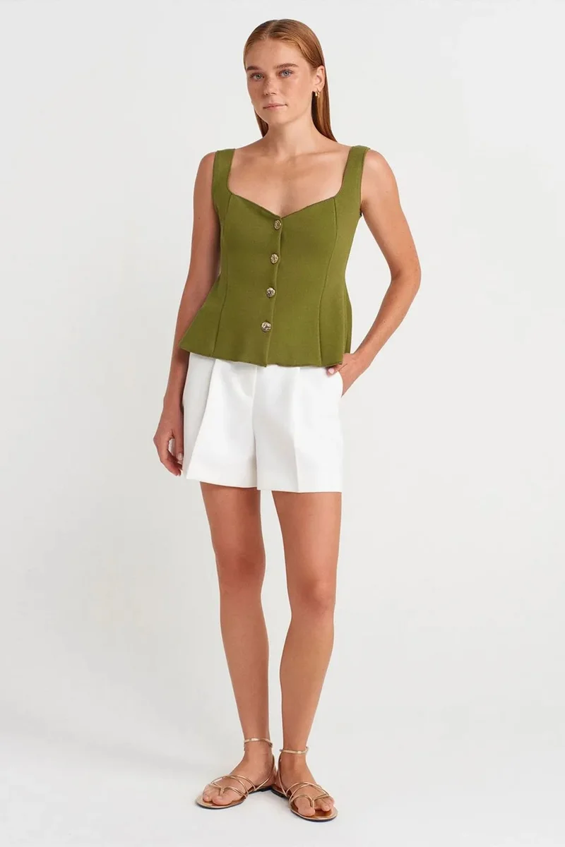 Dilvin Khaki Green DILVIN Fitted Sleeveless Peplum Blouse for Women | Best Price UAE
