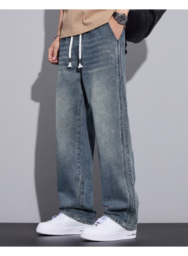 TonLion elastic Waist Drawstring Casual Straight-leg Pants Men's Korean-style Minimalist Jeans - Image 1