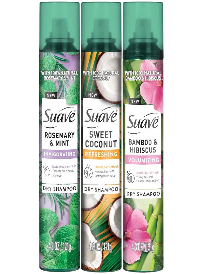 Suave Dry Shampoo Spray Variety 3-Pack – Invigorating Rosemary & Mint, Volumizing Bamboo & Hibiscus + Refreshing Sweet Coconut, 4.3 Oz Ea - Image 1