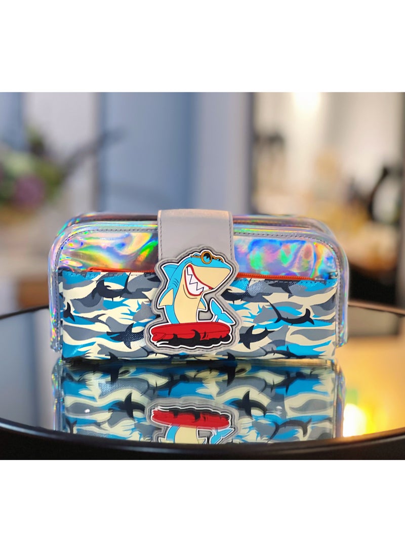 Shark Cartoon Rubber Patch Pencil Case Large Capacity Pencil Bag 600D+PU Portable Student Stationery Organizer Multiple Colors Available