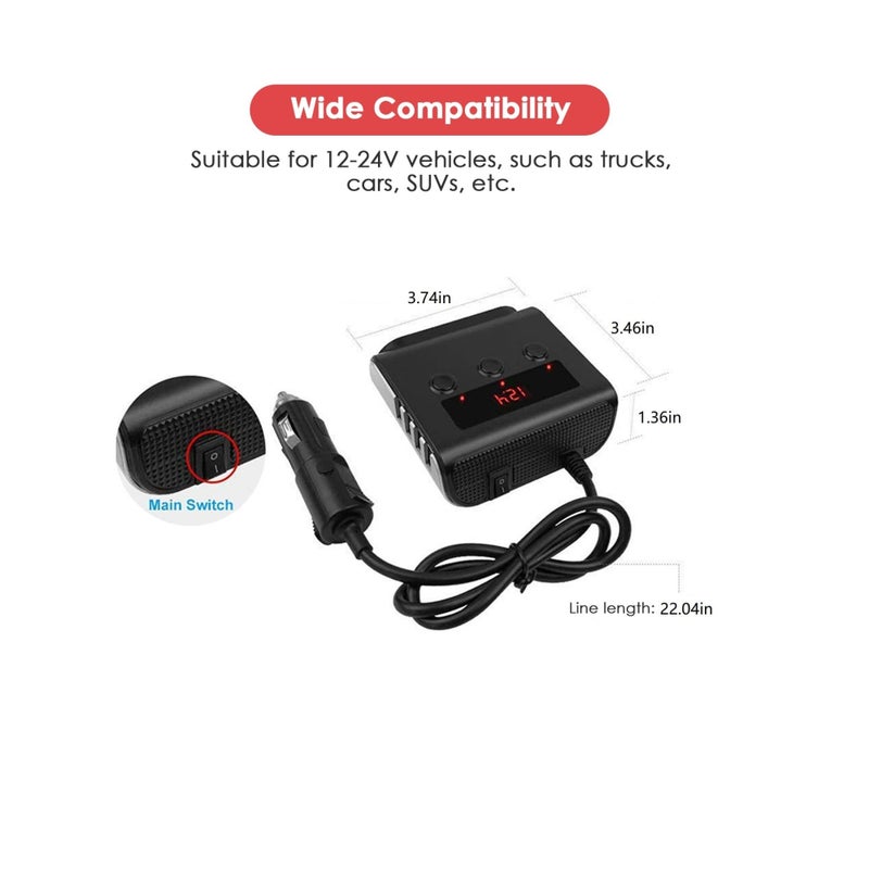 SOLARAE 3 Socket Car Cigarette Lighter Adapter, 12V/24V 100W Car Cigarette Lighter Splitter 3.1A 4 USB Port Car Charger with Separate Switch and LED Voltage Display for Mobile Phone - Image 3