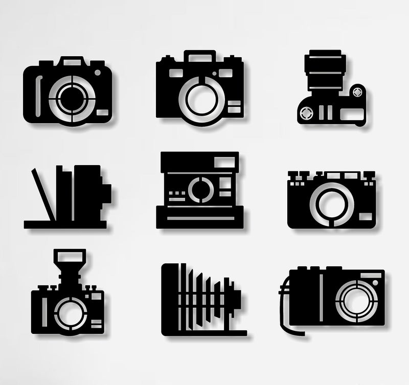 AD INFINITUM® Wooden Wall Art Hanging | Black Designed Wooden Decor Sculptures | Black Wall Art Decoration for Contemporary Home, Bedroom, Living Room, Office etc. (Camera, Set of 9) - Image 1