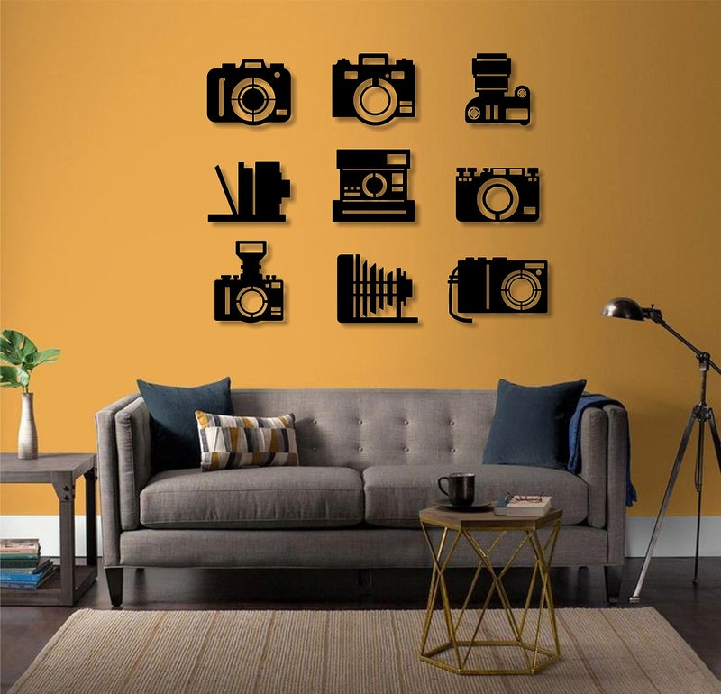 AD INFINITUM® Wooden Wall Art Hanging | Black Designed Wooden Decor Sculptures | Black Wall Art Decoration for Contemporary Home, Bedroom, Living Room, Office etc. (Camera, Set of 9) - Image 2
