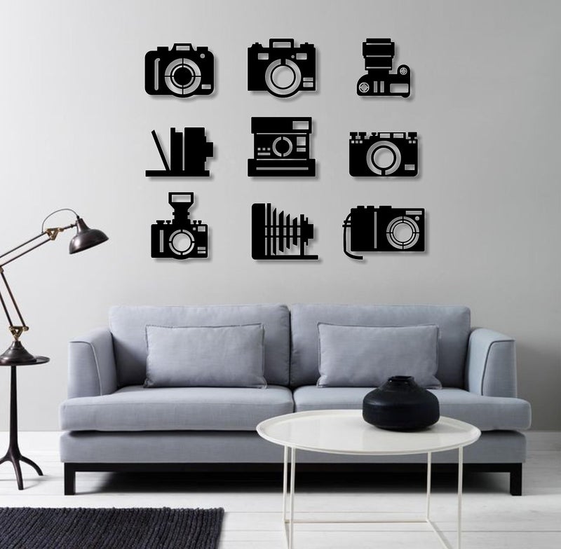 AD INFINITUM® Wooden Wall Art Hanging | Black Designed Wooden Decor Sculptures | Black Wall Art Decoration for Contemporary Home, Bedroom, Living Room, Office etc. (Camera, Set of 9) - Image 3