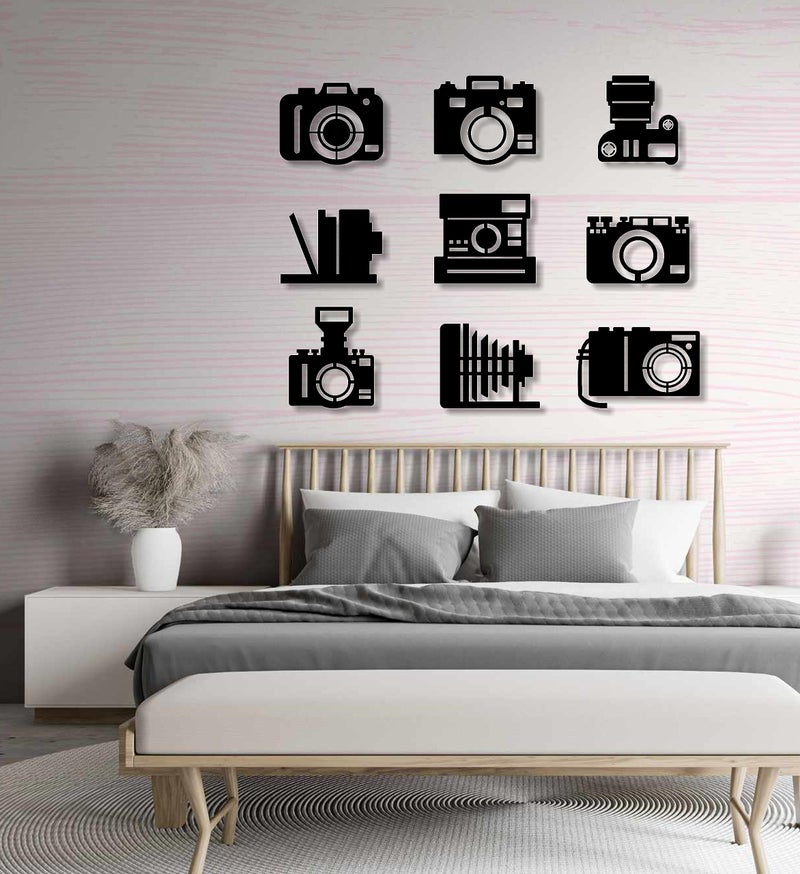 AD INFINITUM® Wooden Wall Art Hanging | Black Designed Wooden Decor Sculptures | Black Wall Art Decoration for Contemporary Home, Bedroom, Living Room, Office etc. (Camera, Set of 9) - Image 5