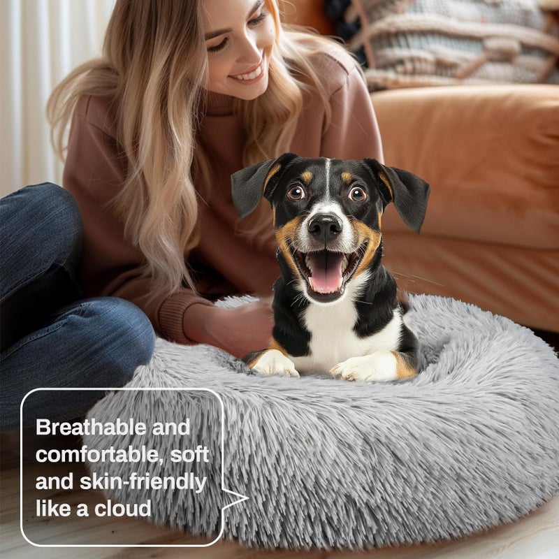 RAINFLOW Cat Bed - Calming Cat Bed for Small Kittens Donut Washable Round for Indoor Kittens and Puppies, Anti-Slip Round Fluffy Plush Faux Fur, Medium, Light Grey - Image 4