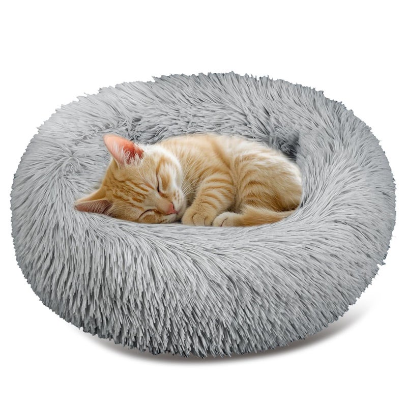 RAINFLOW Cat Bed - Calming Cat Bed for Small Kittens Donut Washable Round for Indoor Kittens and Puppies, Anti-Slip Round Fluffy Plush Faux Fur, Medium, Light Grey - Image 1