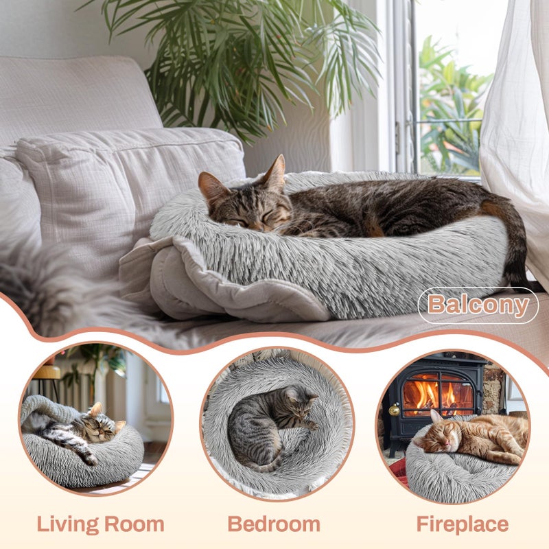 RAINFLOW Cat Bed - Calming Cat Bed for Small Kittens Donut Washable Round for Indoor Kittens and Puppies, Anti-Slip Round Fluffy Plush Faux Fur, Medium, Light Grey - Image 5