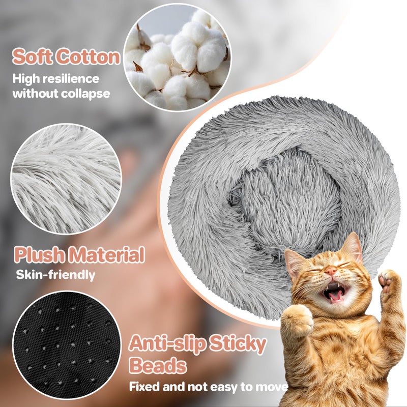 RAINFLOW Cat Bed - Calming Cat Bed for Small Kittens Donut Washable Round for Indoor Kittens and Puppies, Anti-Slip Round Fluffy Plush Faux Fur, Medium, Light Grey - Image 3