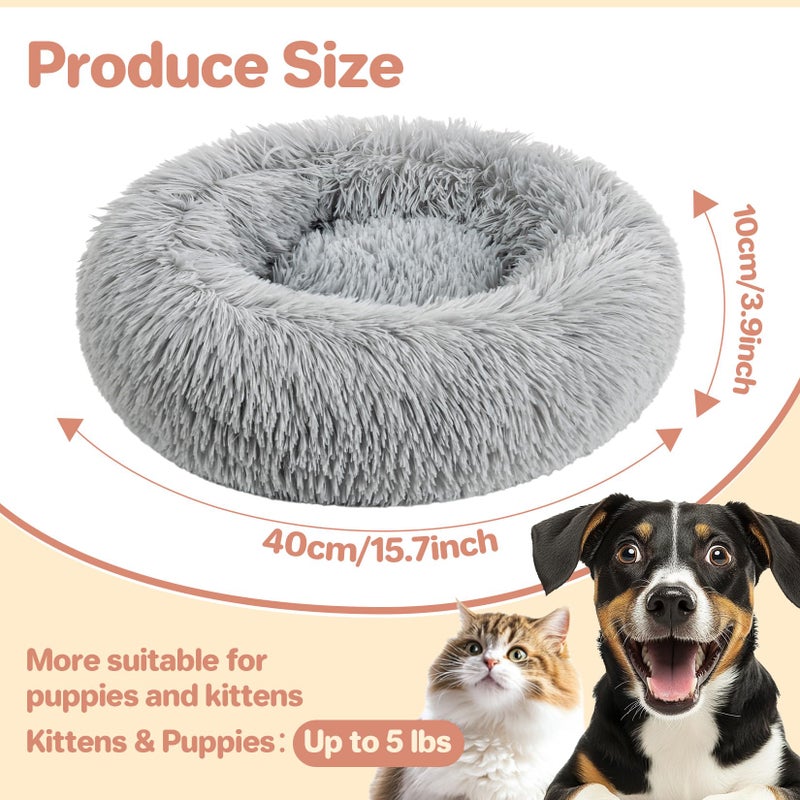 RAINFLOW Cat Bed - Calming Cat Bed for Small Kittens Donut Washable Round for Indoor Kittens and Puppies, Anti-Slip Round Fluffy Plush Faux Fur, Medium, Light Grey - Image 2