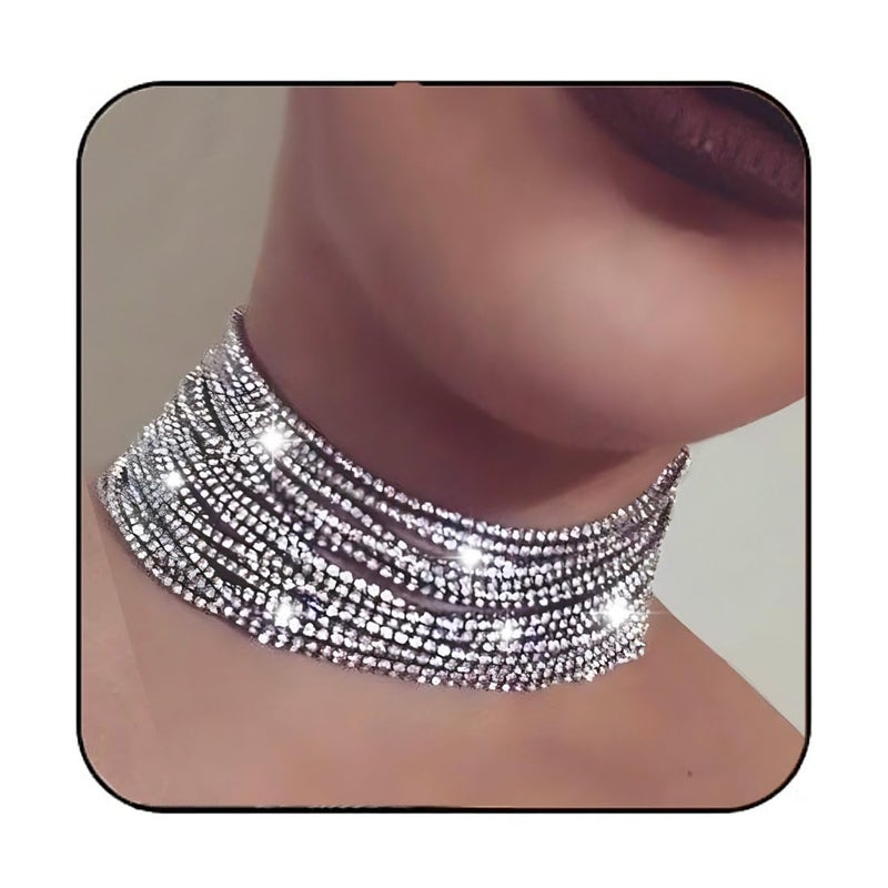 Aukmla Rhinestone Choker Necklace Silver Diamond Necklaces Chain for Women