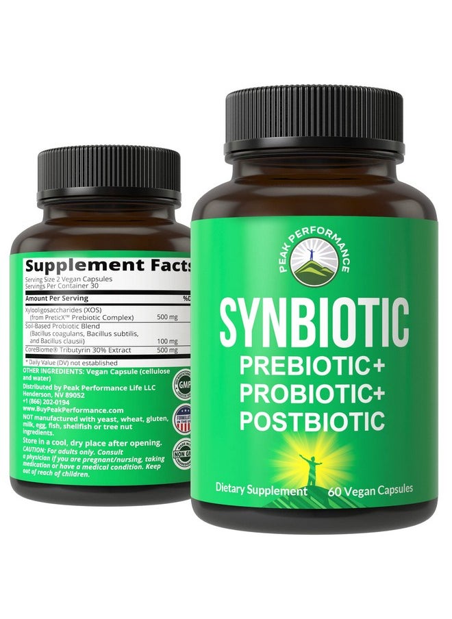 Peak Performance - Synbiotic = Prebiotic + Probiotic + Postbiotic 3In1 Supplement With Clinically Tested Ingredients Pre And Probiotics Plus Important Tributyrin Postbiotics For Gut Vegan Capsules For Women + Men - Image 1