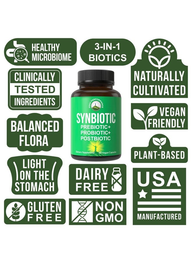 Peak Performance - Synbiotic = Prebiotic + Probiotic + Postbiotic 3In1 Supplement With Clinically Tested Ingredients Pre And Probiotics Plus Important Tributyrin Postbiotics For Gut Vegan Capsules For Women + Men - Image 1