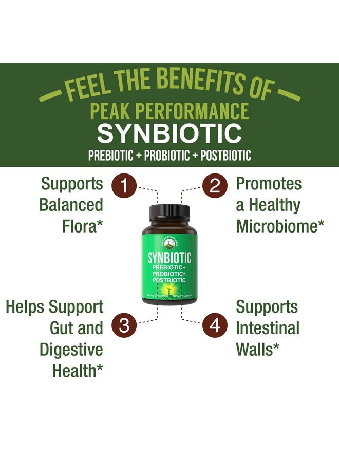 Peak Performance - Synbiotic = Prebiotic + Probiotic + Postbiotic 3In1 Supplement With Clinically Tested Ingredients Pre And Probiotics Plus Important Tributyrin Postbiotics For Gut Vegan Capsules For Women + Men - Image 1