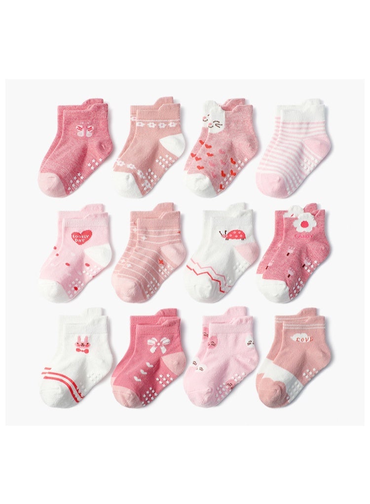 Toddler Socks with Grips, 12 Pairs Kids Non-Slip Grippers Baby Boys Girls House Socks for Age 0-7 - Image 1