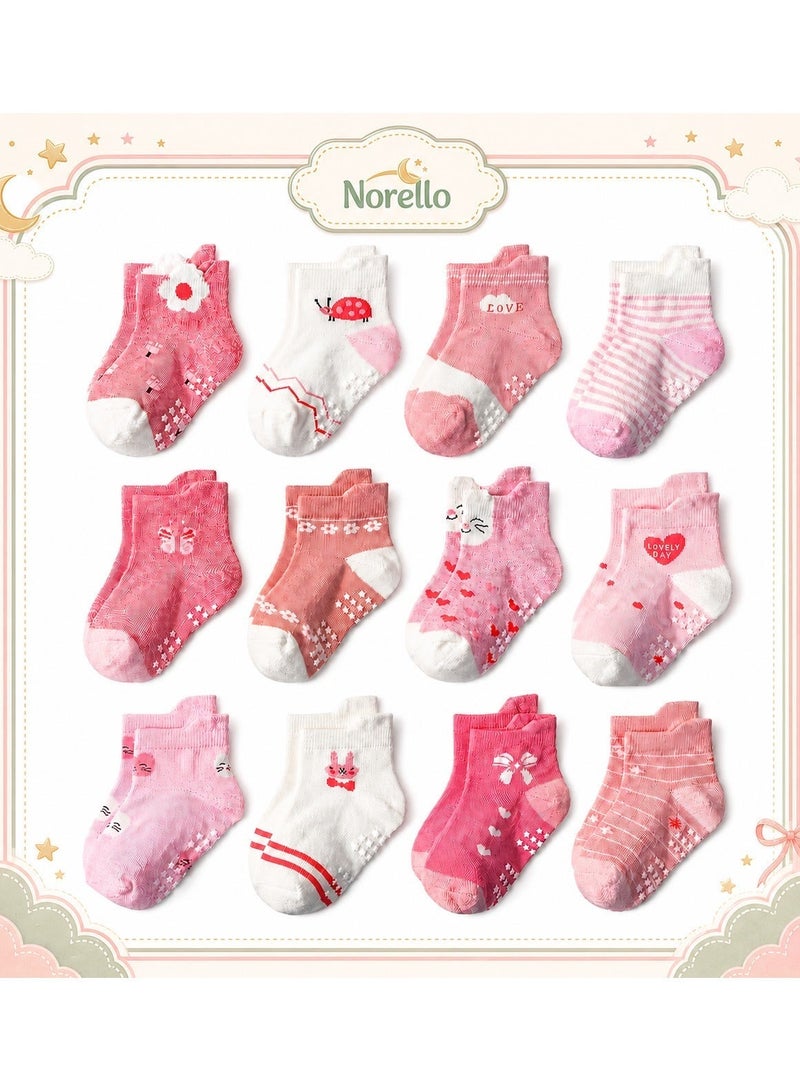 Norello Toddler Socks with Grips, 12 Pairs Kids Non-Slip Grippers Baby Boys Girls House Socks for Age 0-7 - Image 1