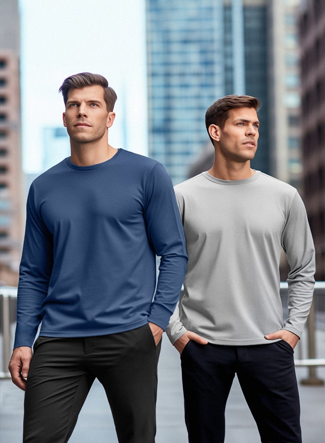 trendyol Grey-Indigo 2 Pack 100% Cotton Long Sleeve Regular Cut Basic T-Shirt - Image 1