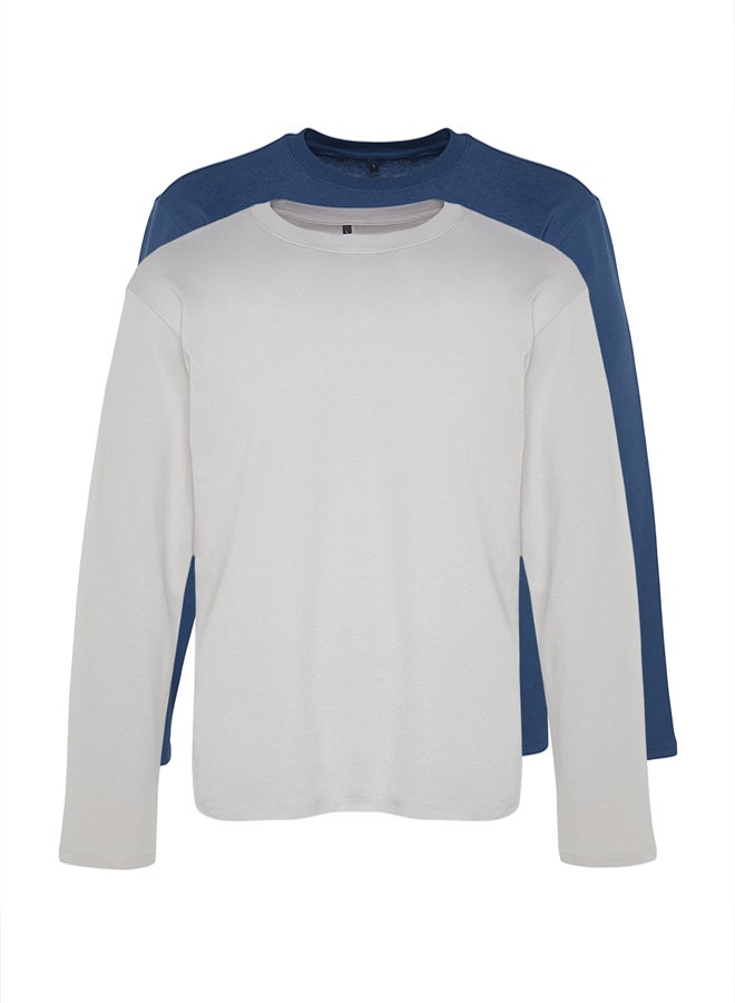 trendyol Grey-Indigo 2 Pack 100% Cotton Long Sleeve Regular Cut Basic T-Shirt - Image 2