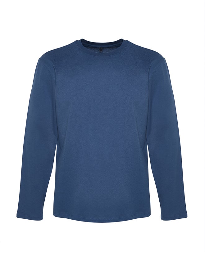 trendyol Grey-Indigo 2 Pack 100% Cotton Long Sleeve Regular Cut Basic T-Shirt - Image 4
