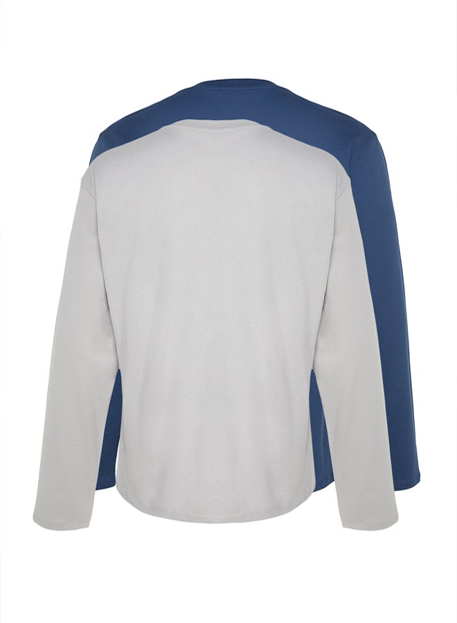trendyol Grey-Indigo 2 Pack 100% Cotton Long Sleeve Regular Cut Basic T-Shirt - Image 3