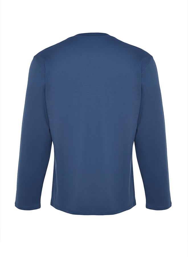 trendyol Grey-Indigo 2 Pack 100% Cotton Long Sleeve Regular Cut Basic T-Shirt - Image 5