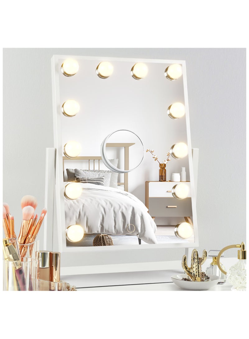 La Reina Vanity Professional High-definition Dressing Mirror (35.5x48cm) - Touch three-color LED, with 12 bulbs, smart supplementary lighting, detachable 10x magnifying glass surface, 360° rotation, anti-slip metal base, plug and play (Home/Salon)  - Image 1