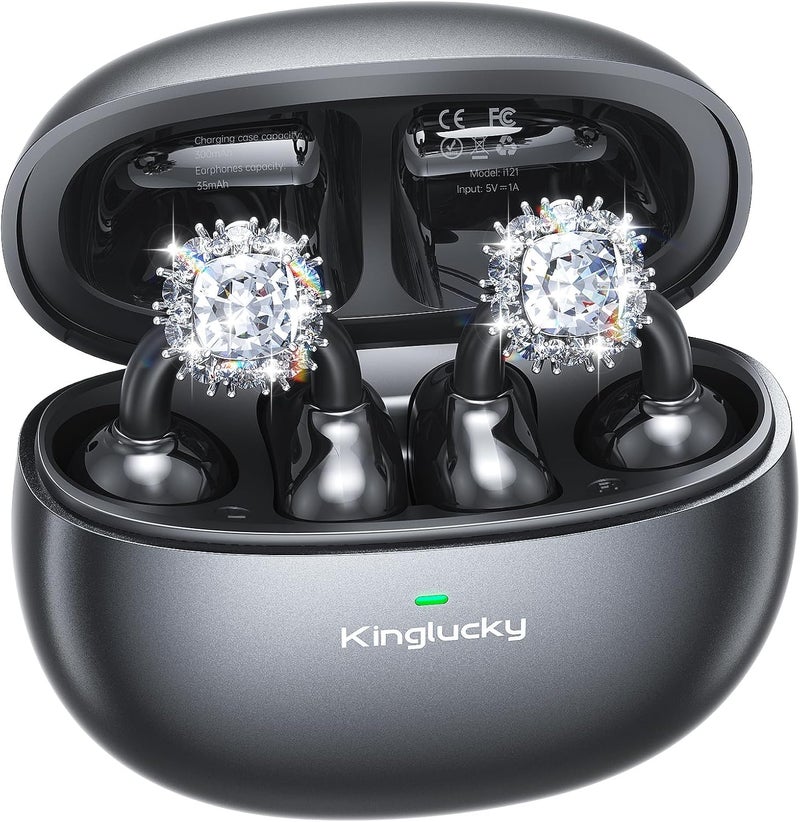 Kinglucky سماعات أذن كينج لوكي المستوحاة من الم��وهرات القابلة للتثبيت مع أقراط ألماس، مقاس مريح ووقت تشغيل 40 ساعة، سماعات رأس لاسلكية مفتوحة بلوتوث 5.4 للنساء، للأذن الصغيرة والرياضة والتمارين (أسود) - Image 1