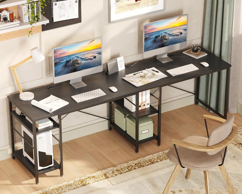 Bestier 952 L Shaped Desk Reversible Corner Computer Desk or 2 Person Long Table with Adjustable Shelves Large Writing Study Workstation with 3 Cable Holes Black