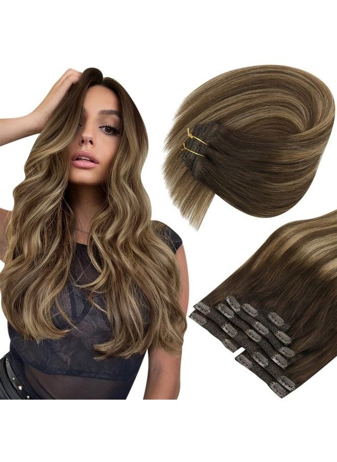 Sunny Hair - Sunny Clip in Human Hair Extensions Brown Clip in Hair Extensions Real Human Hair Balayage Chocolate Brown Ombre Caramel Brown Long Hair Extensions Can Be Toned 120G 24inch 7Pcs - Image 1